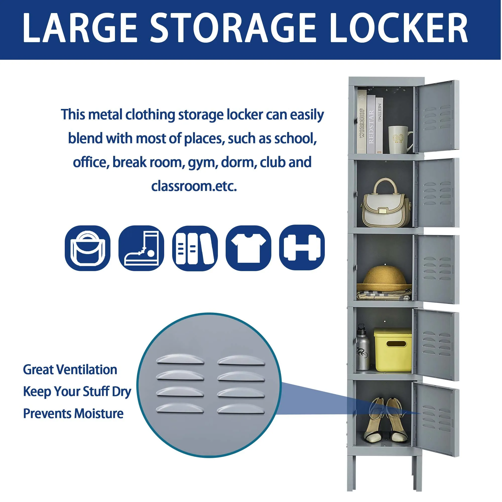 5-Door 66"H Metal Lockers with Lock, Storage Cabinet for Home Gym, Office, School, Garage - Gray