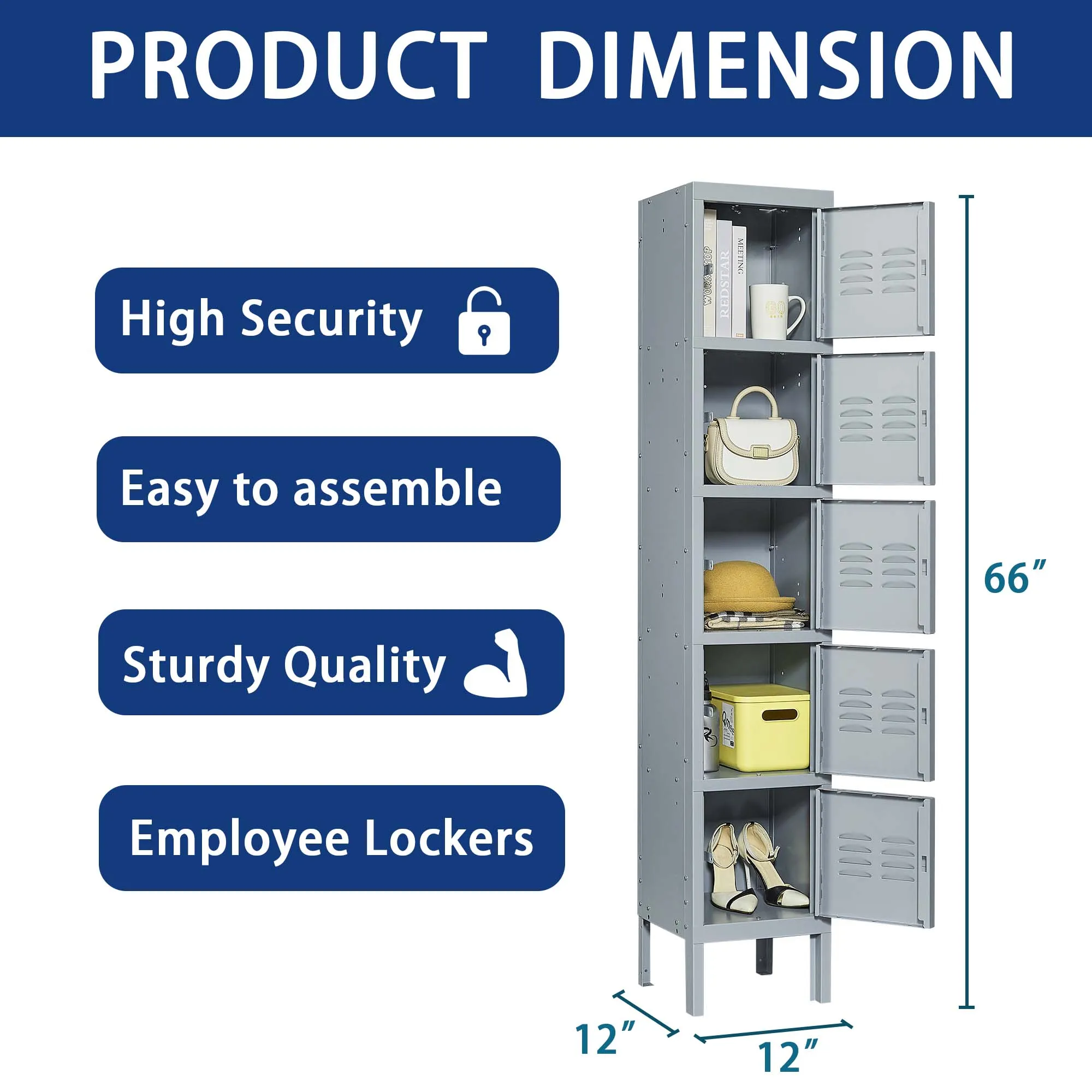 5-Door 66"H Metal Lockers with Lock, Storage Cabinet for Home Gym, Office, School, Garage - Gray