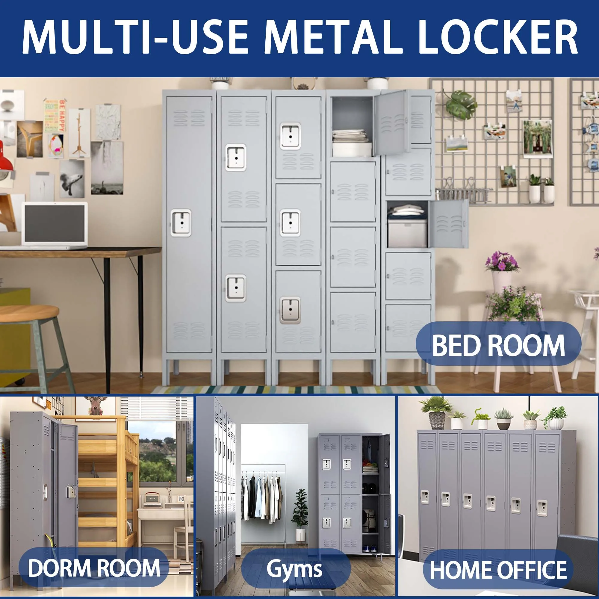 5-Door 66"H Metal Lockers with Lock, Storage Cabinet for Home Gym, Office, School, Garage - Gray