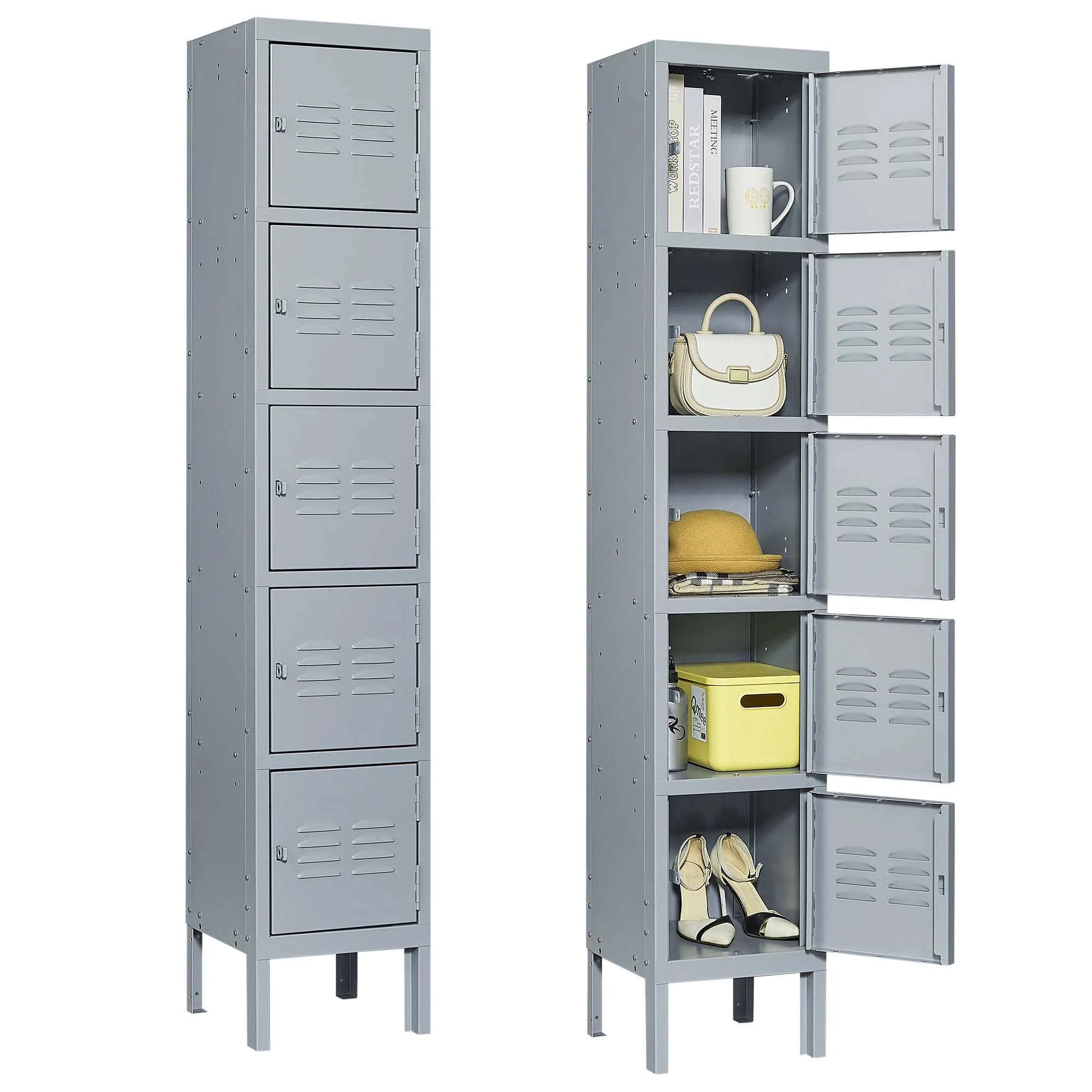 5-Door 66"H Metal Lockers with Lock, Storage Cabinet for Home Gym, Office, School, Garage - Gray