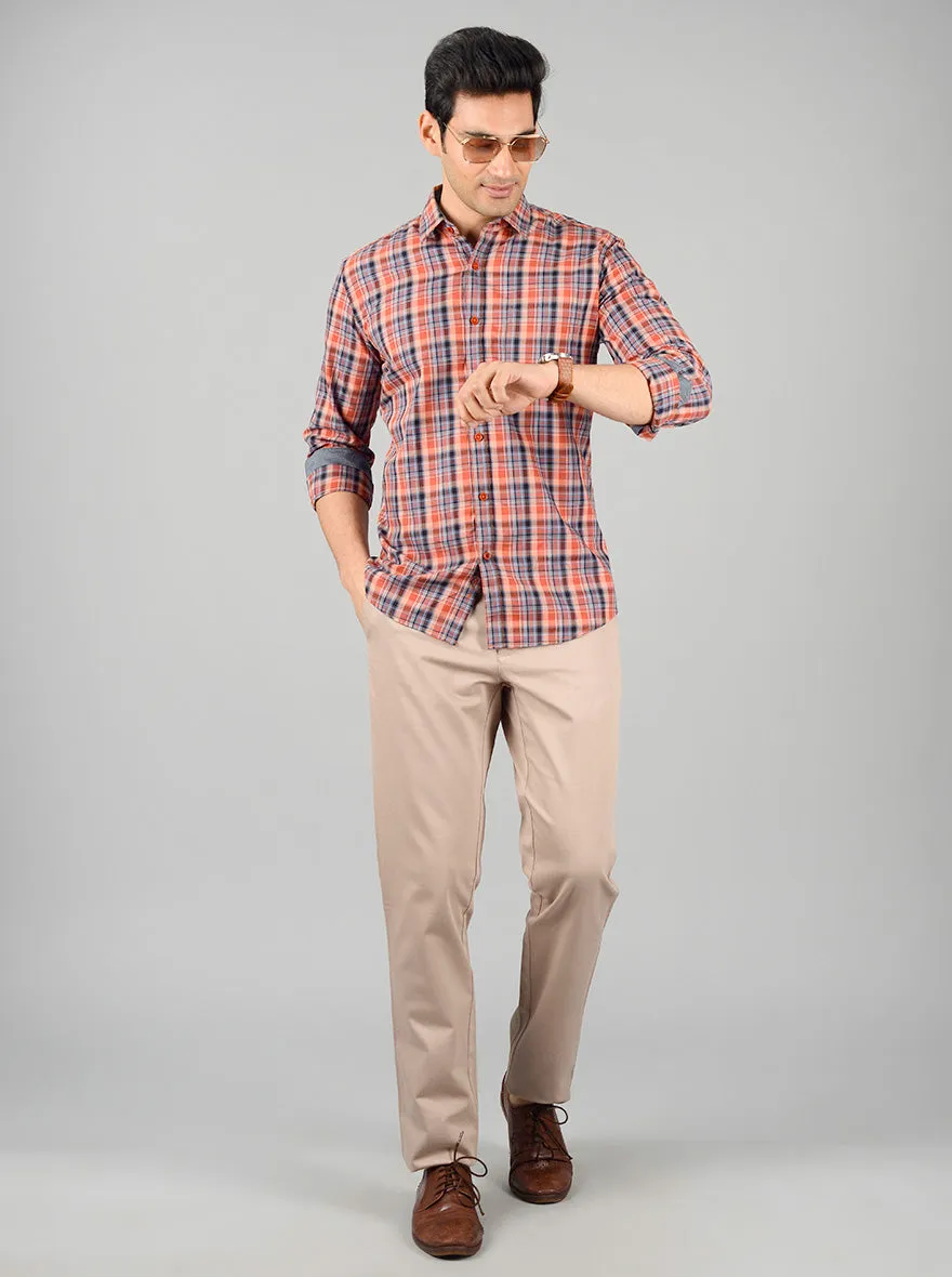 Apricot Orange Checked Slim Fit Casual Shirt | JadeBlue