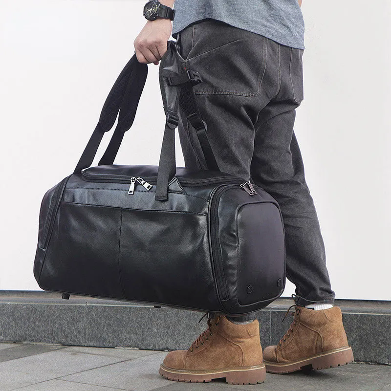 Black Causal Cowhide Leather Duffle Bags for Traveling 6010