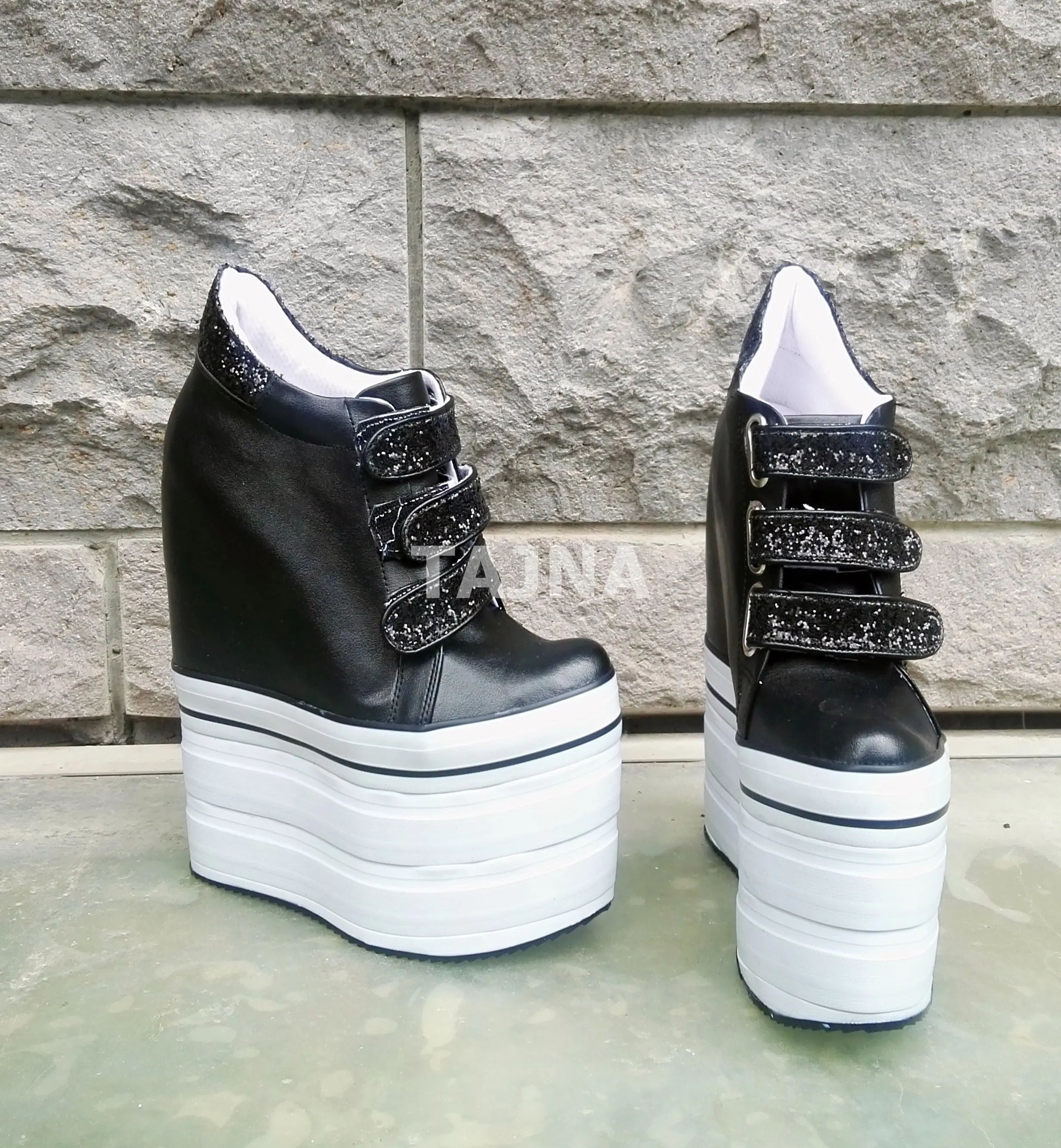 Black White Hook Pile Sport High Heel Wedge Platform Shoes