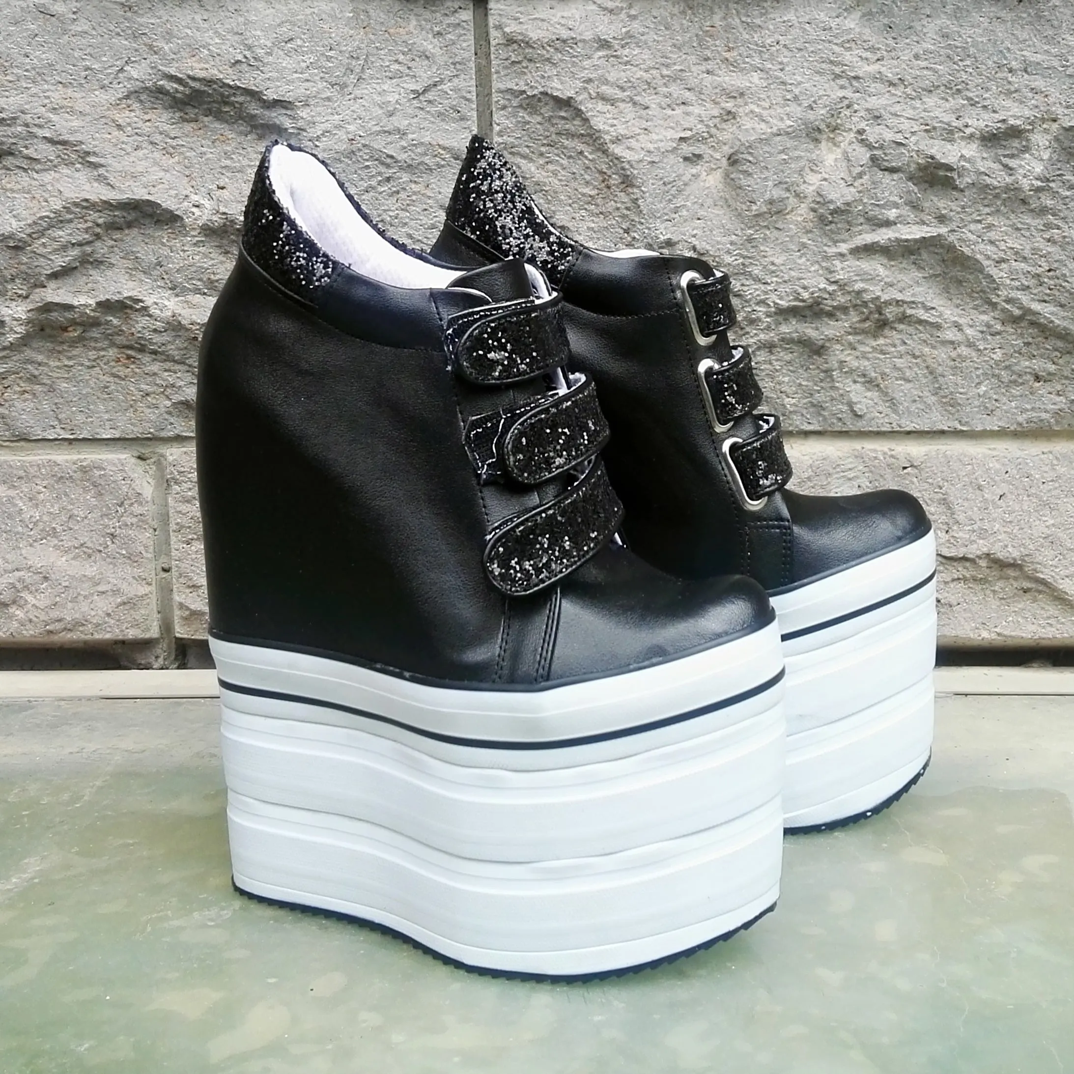 Black White Hook Pile Sport High Heel Wedge Platform Shoes