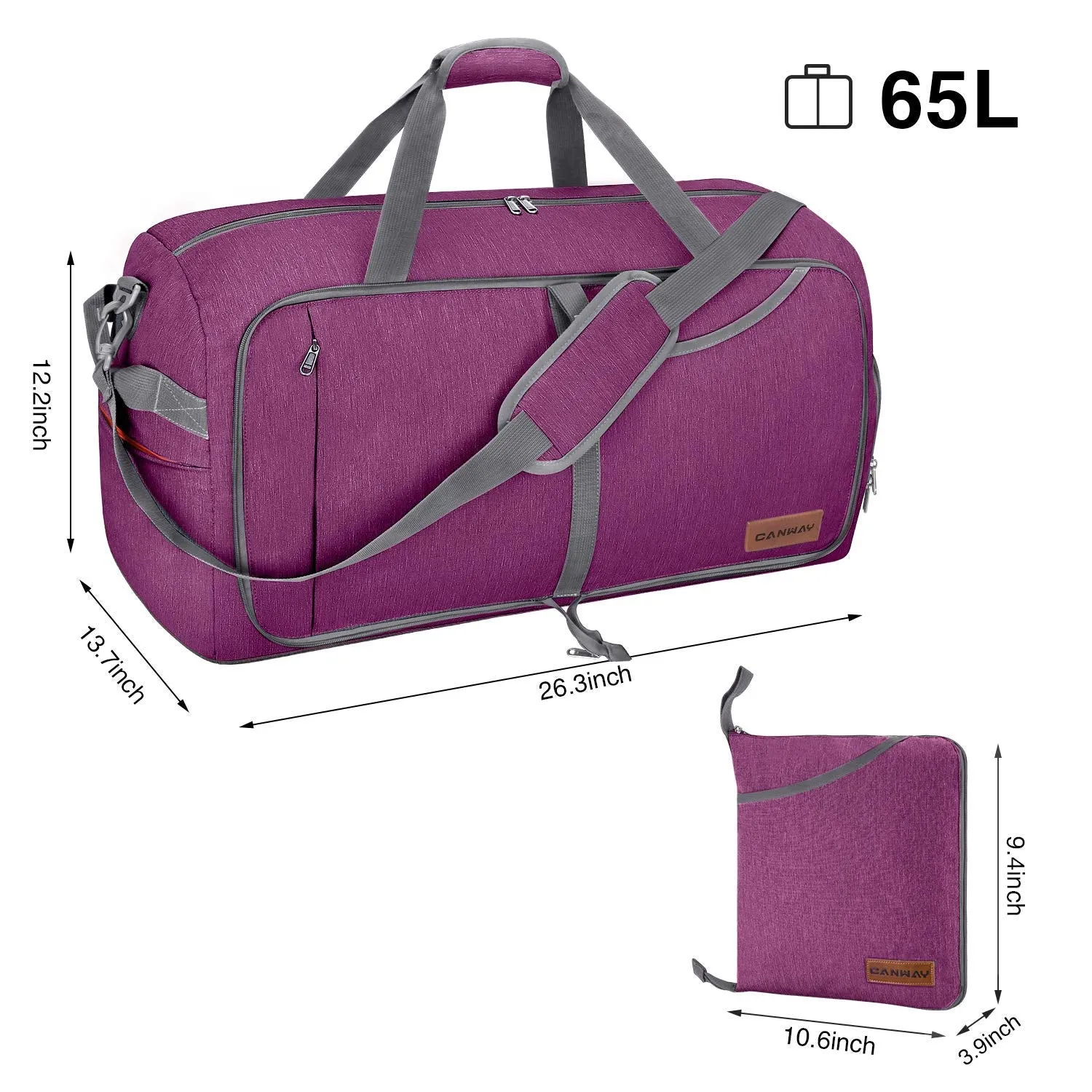 Canway 65L Travel Duffel Bag, Foldable Weekender Bag with Shoes Compartment for Men Women Water-proof & Tear Resistant (Lavender Purple, 65L)