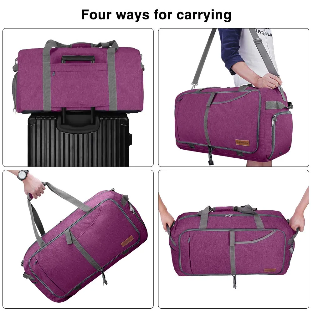 Canway 65L Travel Duffel Bag, Foldable Weekender Bag with Shoes Compartment for Men Women Water-proof & Tear Resistant (Lavender Purple, 65L)