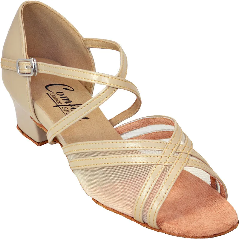 Comfort Dance Shoes, Parallel Mesh, Tan Leather, 1.5” Cuban Heel