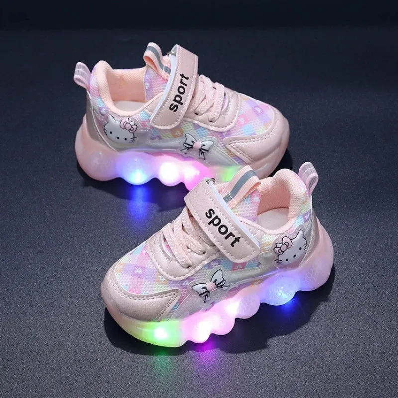 Cute Hello Kitty Casual Shoes for Baby Girl Children Led Light Sneakers Kids Shoes Toddler Walking Shoes Kids Anti-slip Shoes