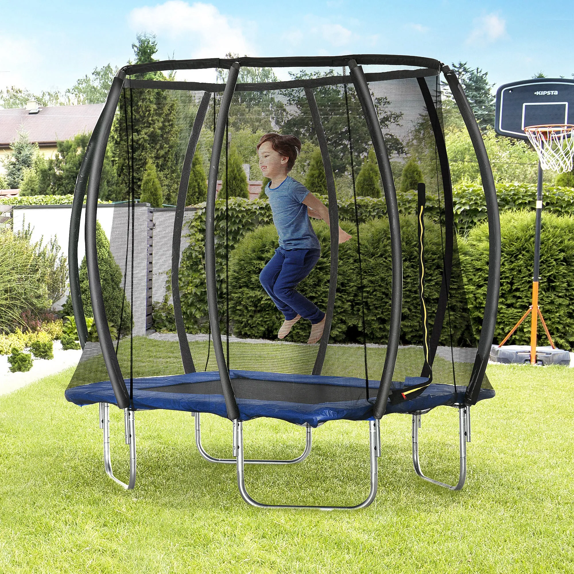 EasyComfort Trampolino Elastico 210cm per Bambini e Adulti con Rete e Imbottiture Blu