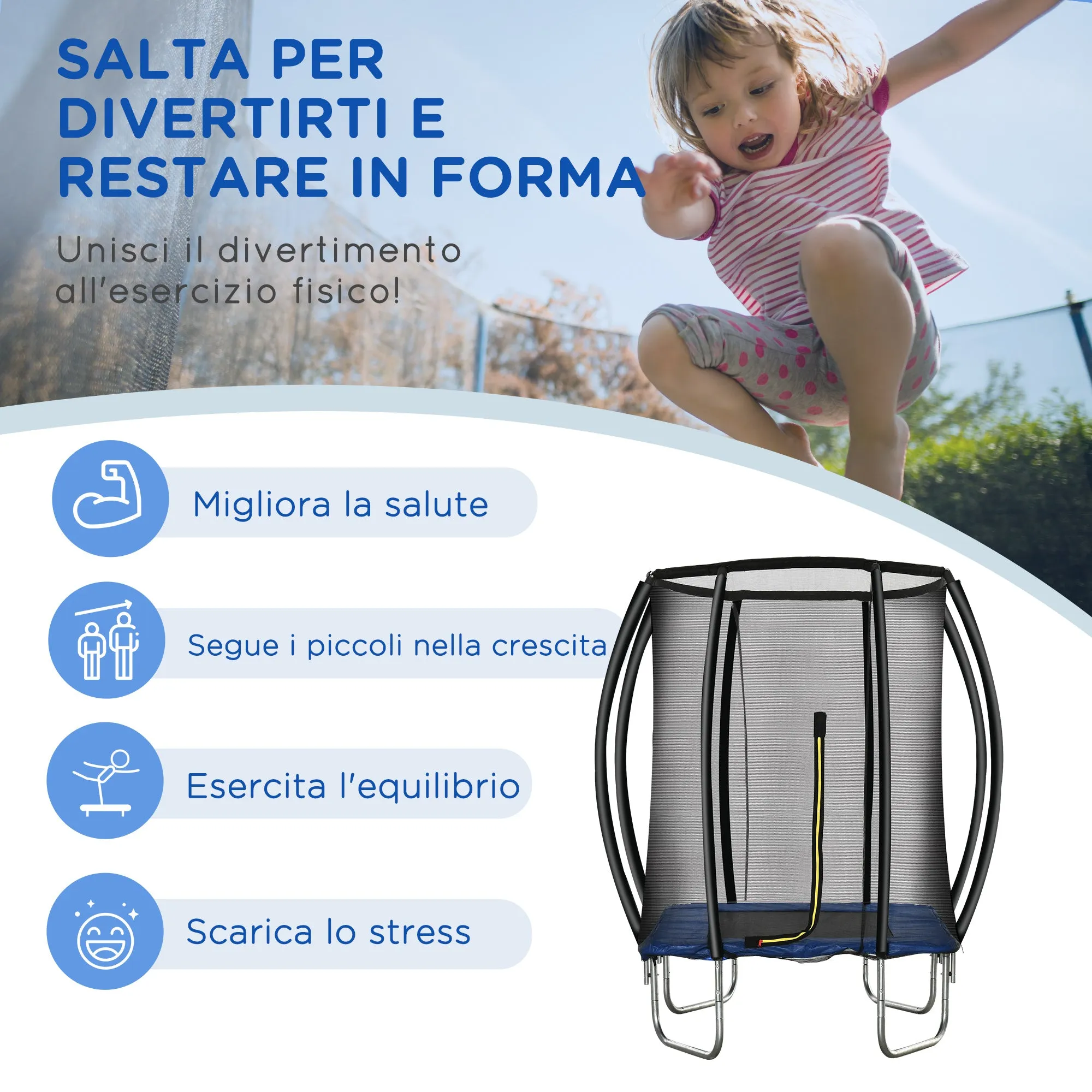 EasyComfort Trampolino Elastico 210cm per Bambini e Adulti con Rete e Imbottiture Blu