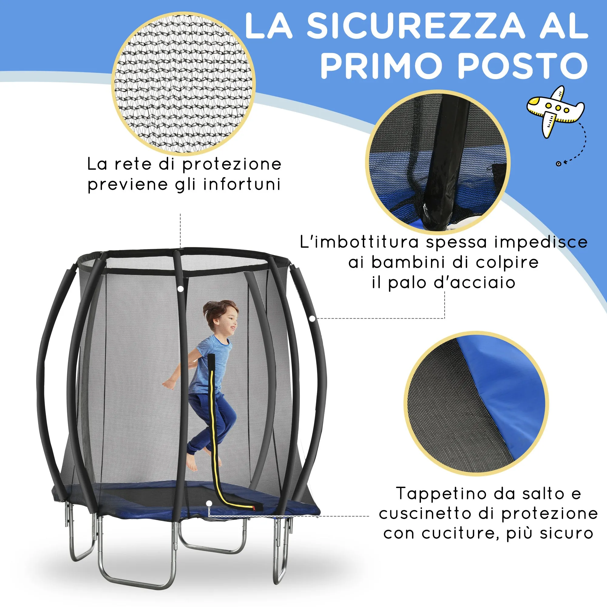 EasyComfort Trampolino Elastico 210cm per Bambini e Adulti con Rete e Imbottiture Blu