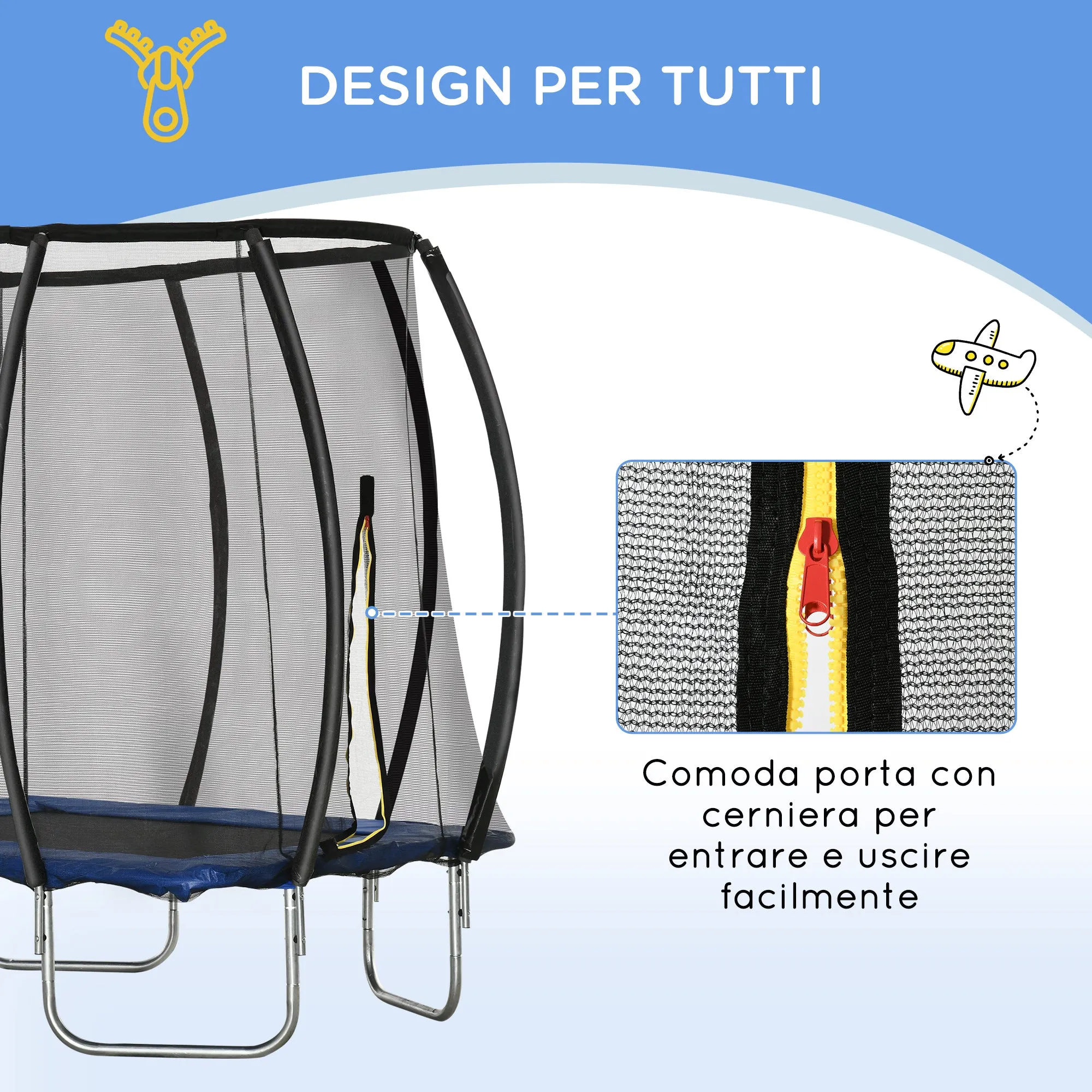 EasyComfort Trampolino Elastico 210cm per Bambini e Adulti con Rete e Imbottiture Blu