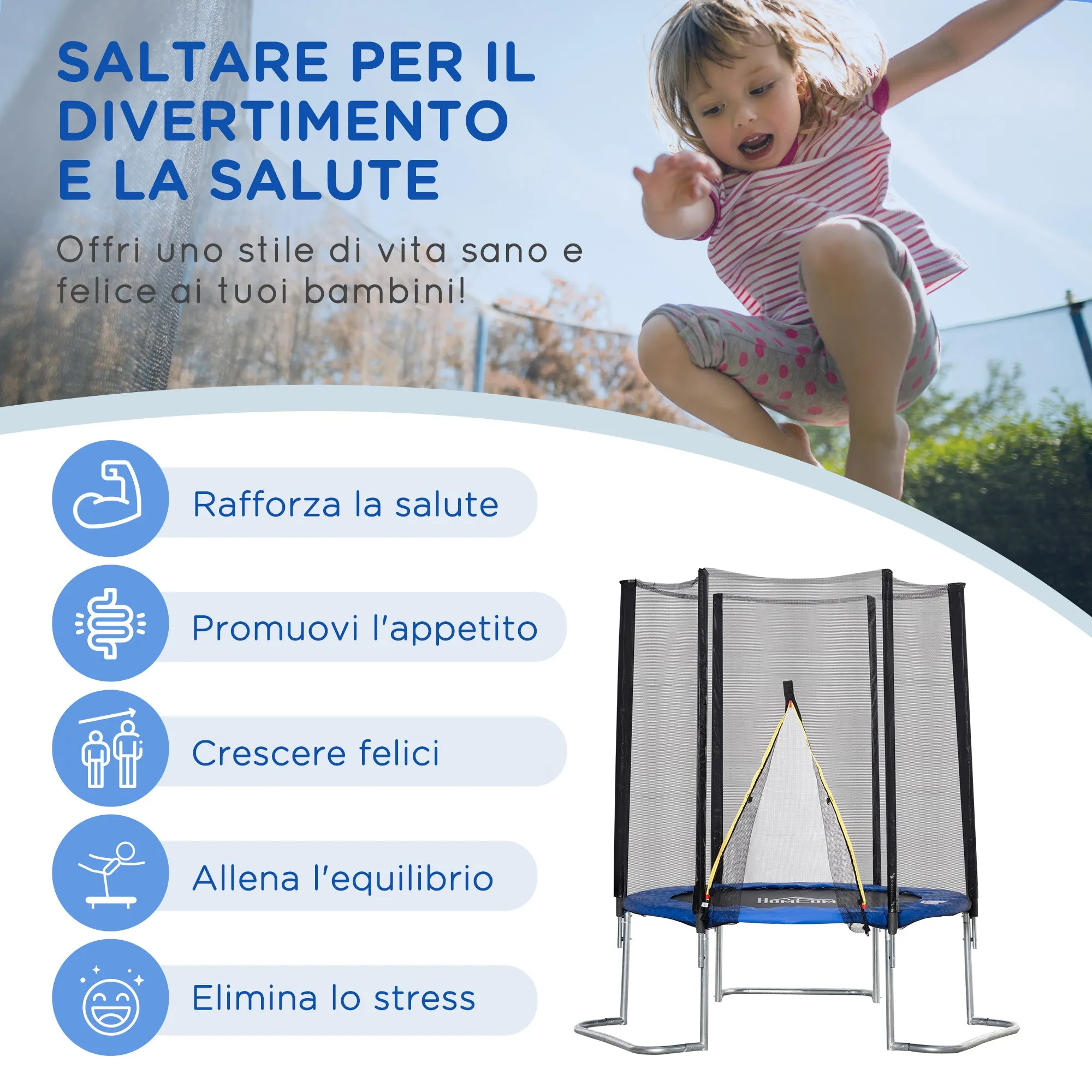 Easycomfort Trampolino Elastico per Bambini e Adulti con Rete, 223x223x230cm, Blu