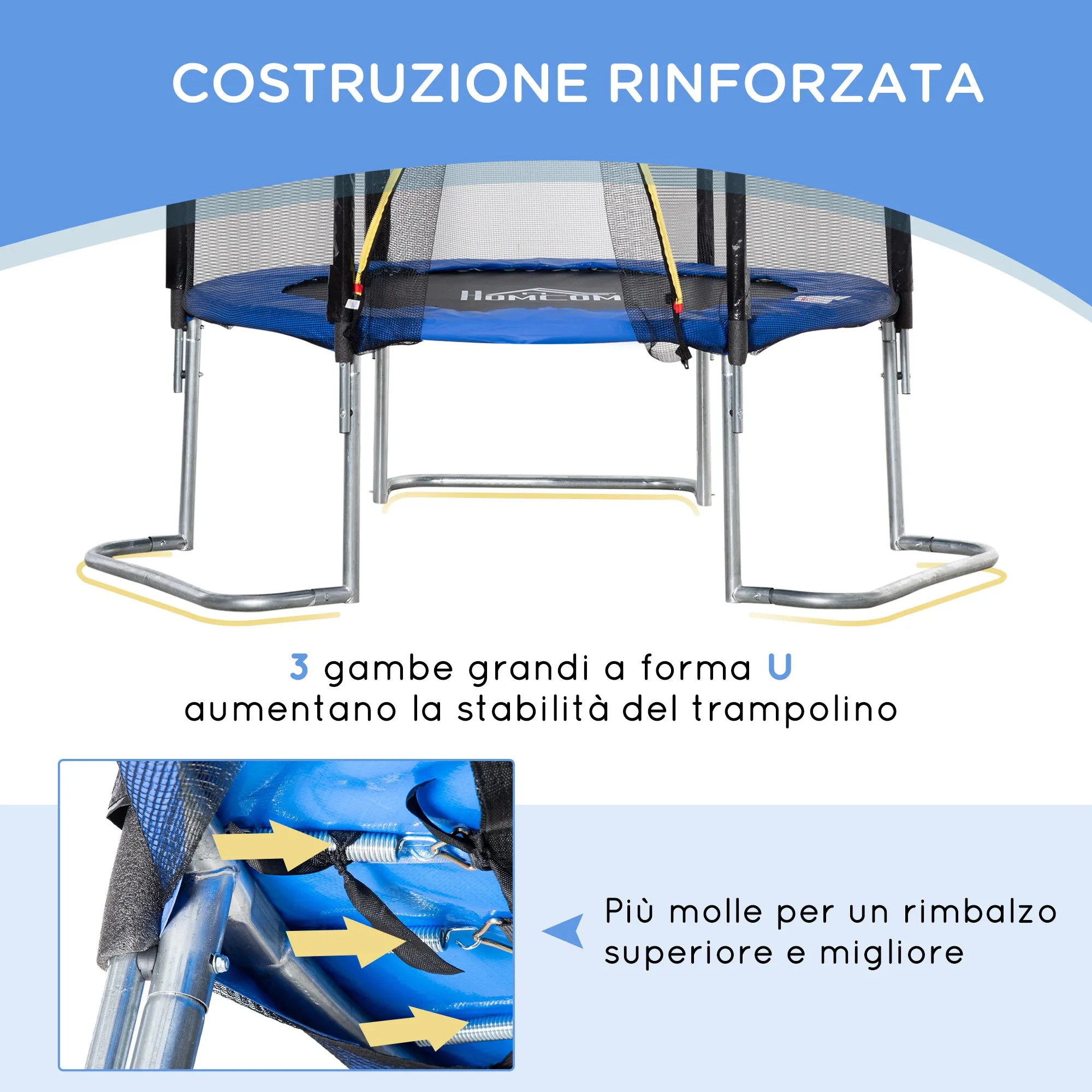 Easycomfort Trampolino Elastico per Bambini e Adulti con Rete, 223x223x230cm, Blu