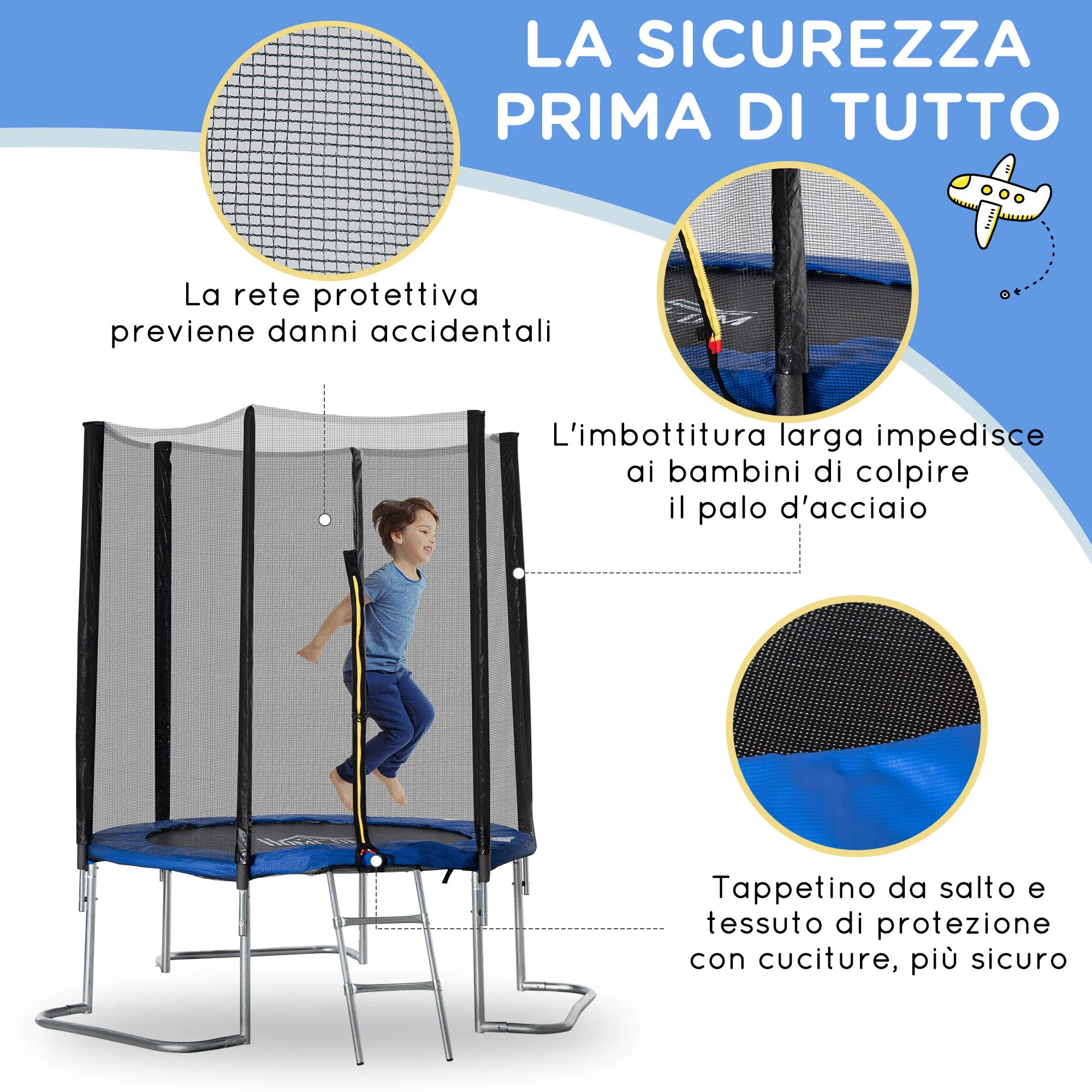 Easycomfort Trampolino Elastico per Bambini e Adulti con Rete, 223x223x230cm, Blu