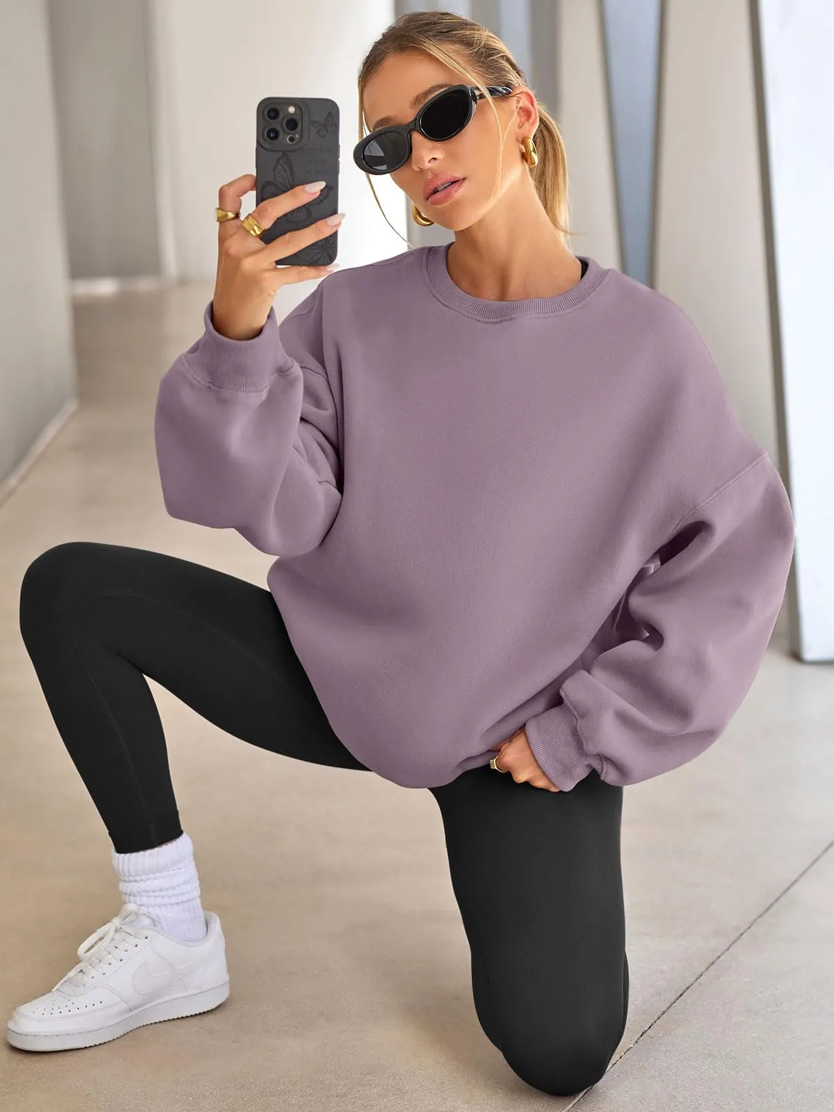 EFAN Sweatshirts Hoodies for Women Oversized Sweaters Fall Outfits Clothes 2024 Crew Neck Pullover Tops Loose Winter Fashion Lightpurple