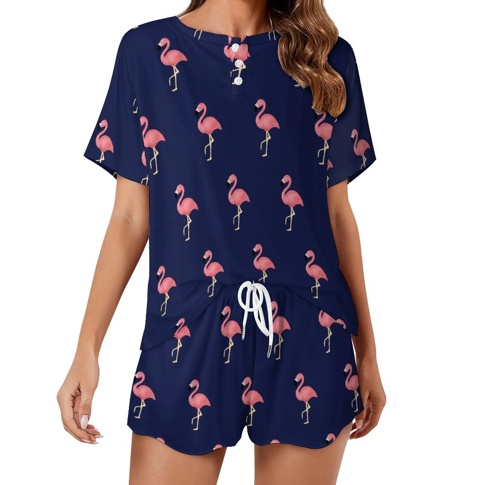 Flamingo Pattern Short Sleeve Loungewear  Short Set  (All-Over Printing), Flamingo fan gift, pajama set for her