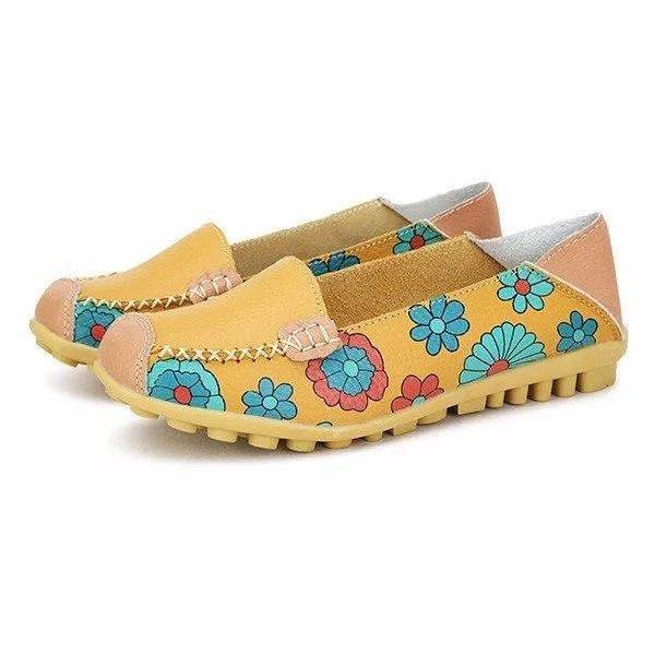 Floral Print Color Matching Soft Comfortable Slip On Flat Shoes