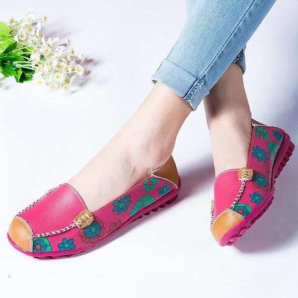 Floral Print Color Matching Soft Comfortable Slip On Flat Shoes