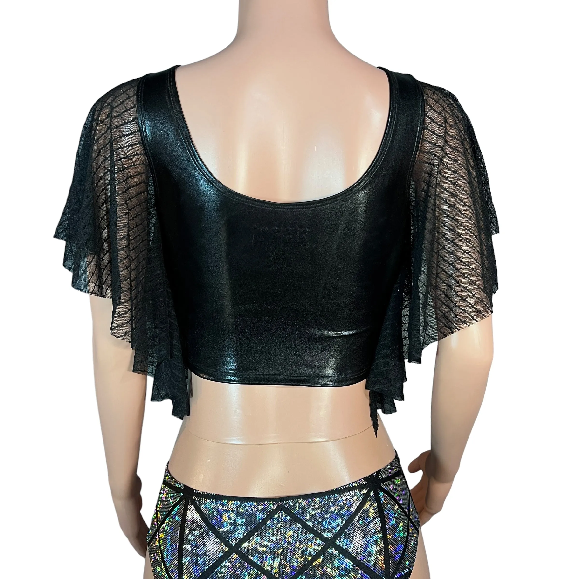 Flutter Sleeve Top Black Metallic | Mesh Sleeve Ruffle Shirt