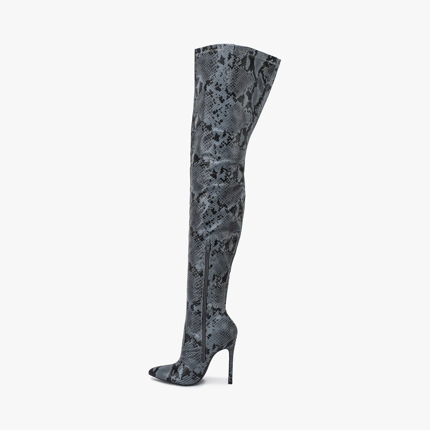 Grey Snake Pointed Stiletto Thigh High Boots