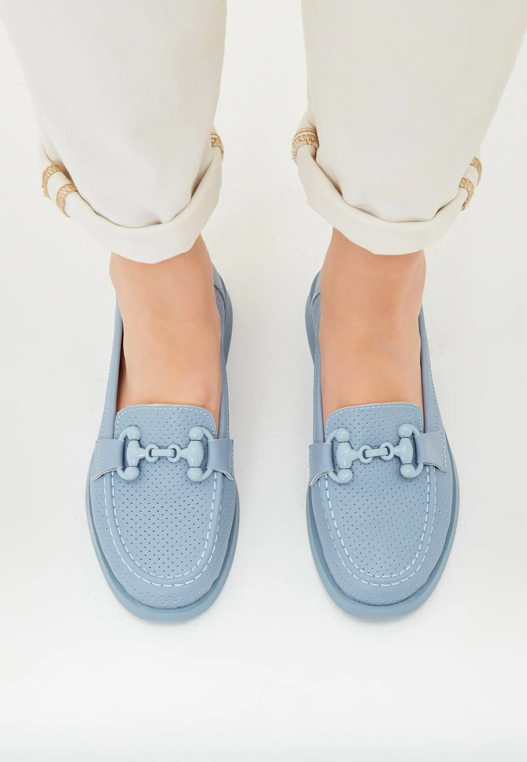 Leather Block Heels Loafers - Blue