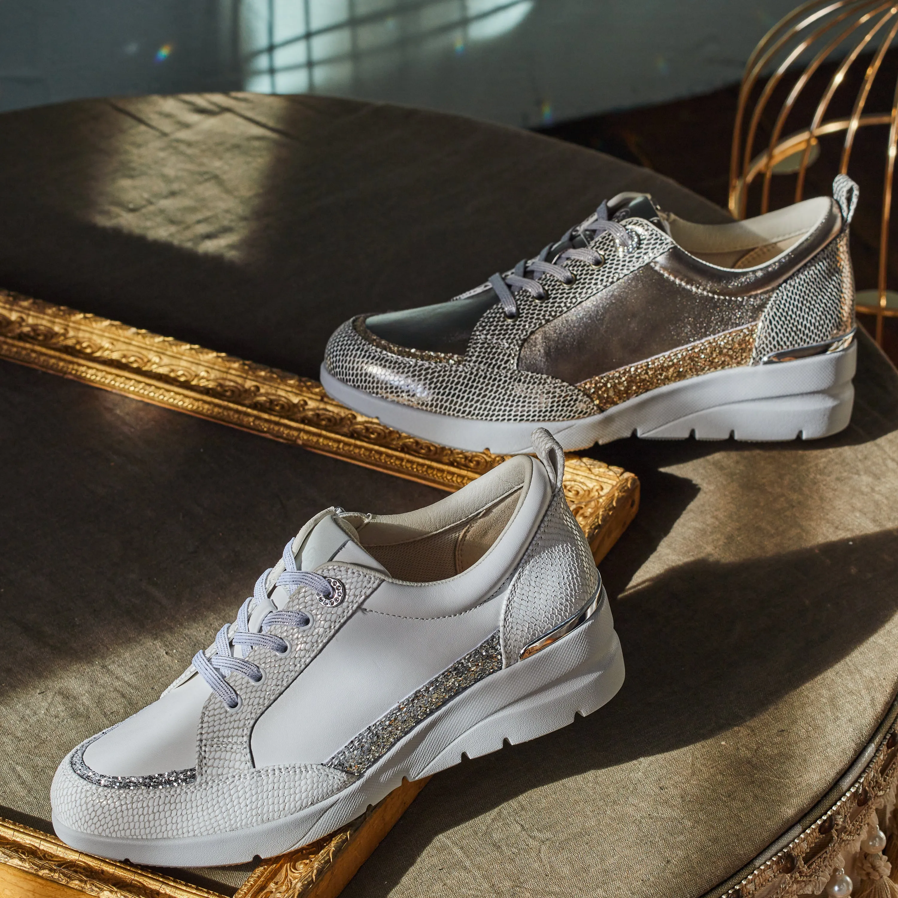 Lightweight Soft Sheepskin sneakers with Swarovski crystal glass eyelet and brightful glitter decoration #FJ103