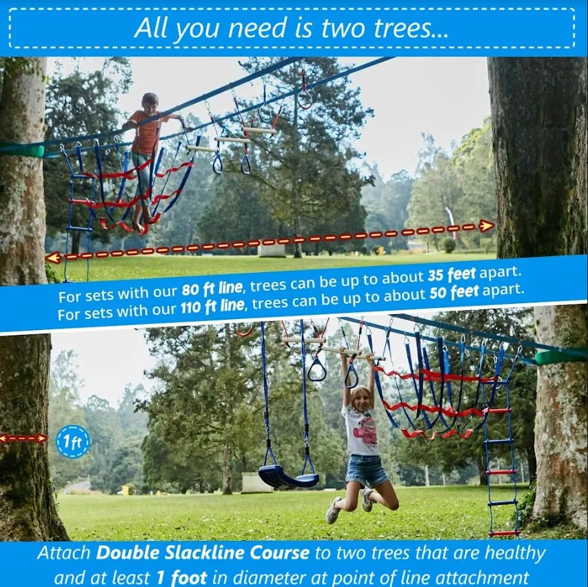 Lily's Things Double Slackline Obstacle Course for Kids 110 Foot Line Ninja Warrior Obstacle Course Patented Double Line Design Unique Outdoor Ultimate Playground Climbing Challenge (Cargo Net Set)