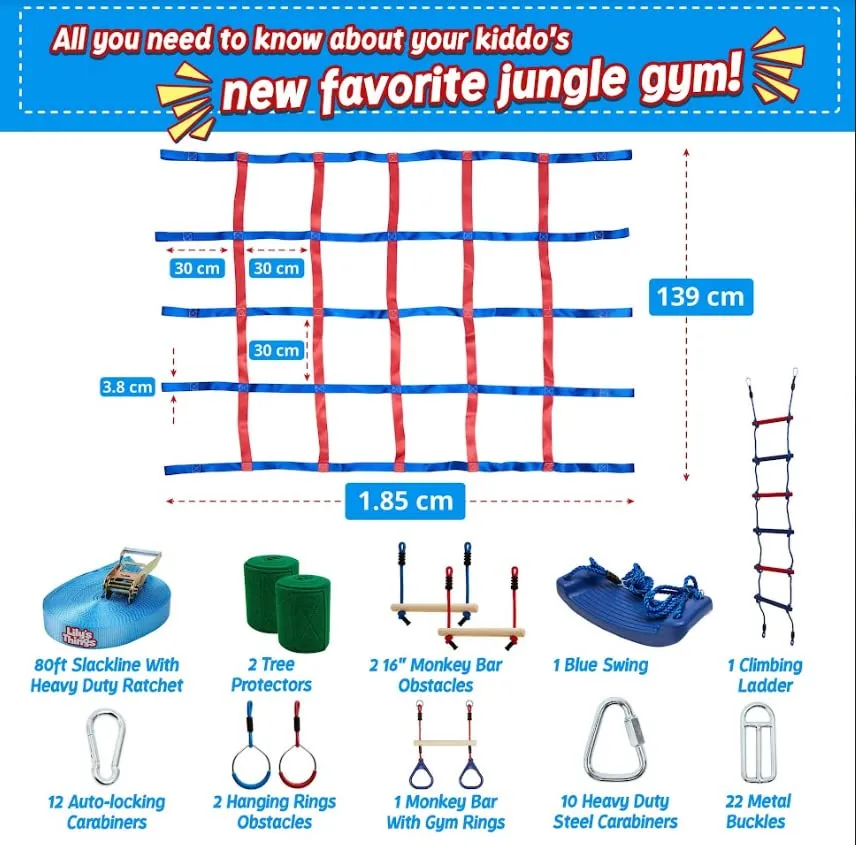 Lily's Things Double Slackline Obstacle Course for Kids 110 Foot Line Ninja Warrior Obstacle Course Patented Double Line Design Unique Outdoor Ultimate Playground Climbing Challenge (Cargo Net Set)