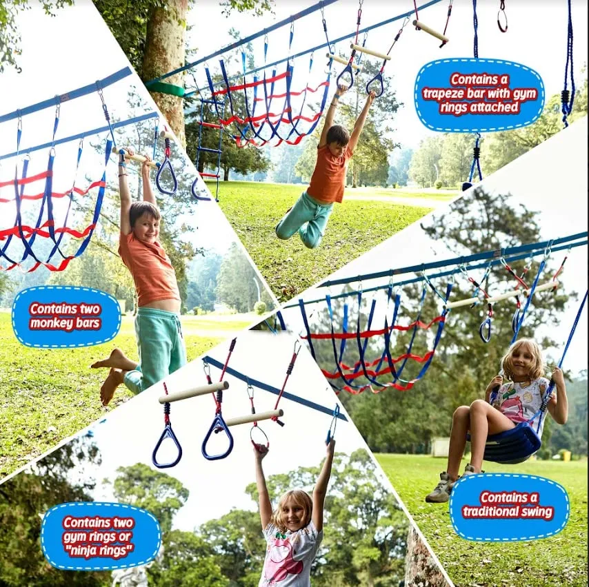 Lily's Things Double Slackline Obstacle Course for Kids 110 Foot Line Ninja Warrior Obstacle Course Patented Double Line Design Unique Outdoor Ultimate Playground Climbing Challenge (Cargo Net Set)