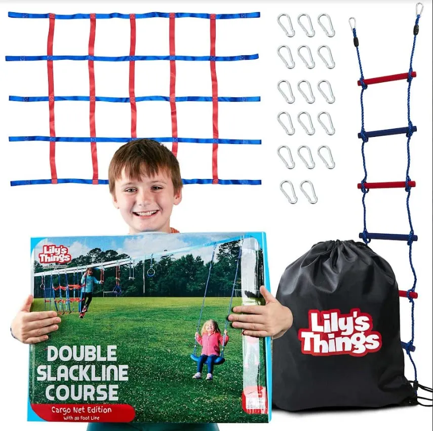 Lily's Things Double Slackline Obstacle Course for Kids 110 Foot Line Ninja Warrior Obstacle Course Patented Double Line Design Unique Outdoor Ultimate Playground Climbing Challenge (Cargo Net Set)