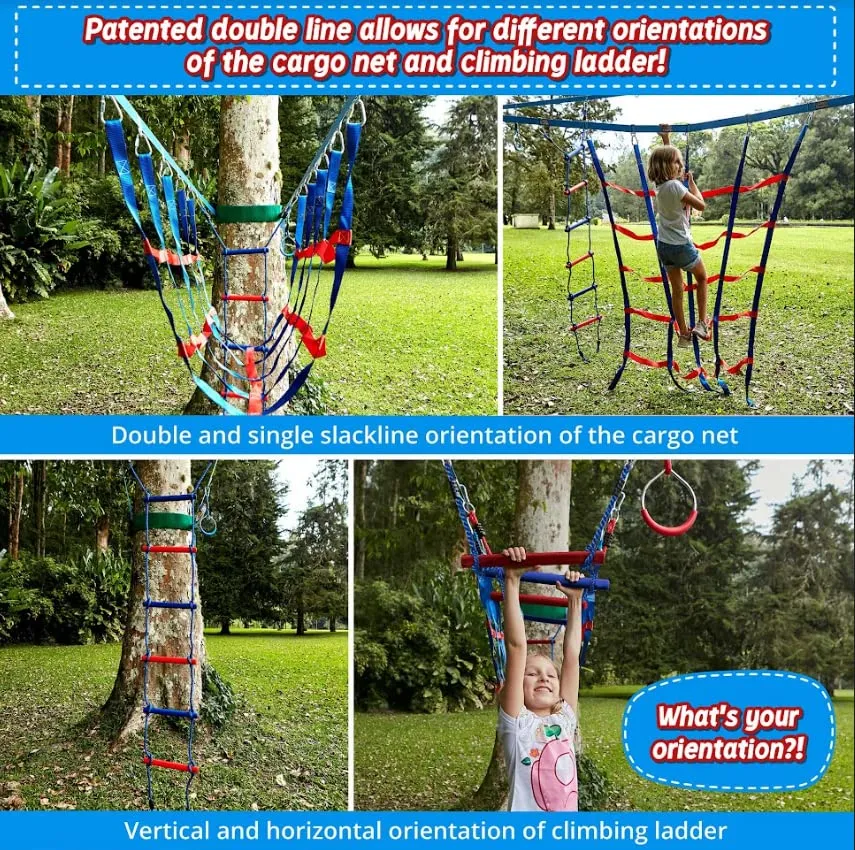 Lily's Things Double Slackline Obstacle Course for Kids 110 Foot Line Ninja Warrior Obstacle Course Patented Double Line Design Unique Outdoor Ultimate Playground Climbing Challenge (Cargo Net Set)