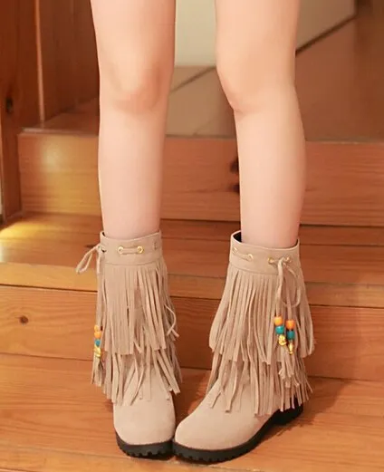 Low Heel Tassel Flock Pearl Pendant Women Autumn Winter Ankle Boots Lady Fringe Casual Suede Short Boots