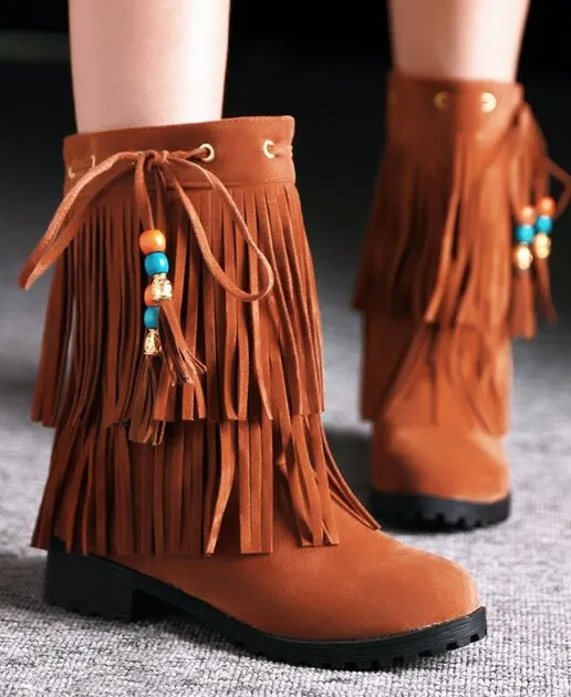 Low Heel Tassel Flock Pearl Pendant Women Autumn Winter Ankle Boots Lady Fringe Casual Suede Short Boots