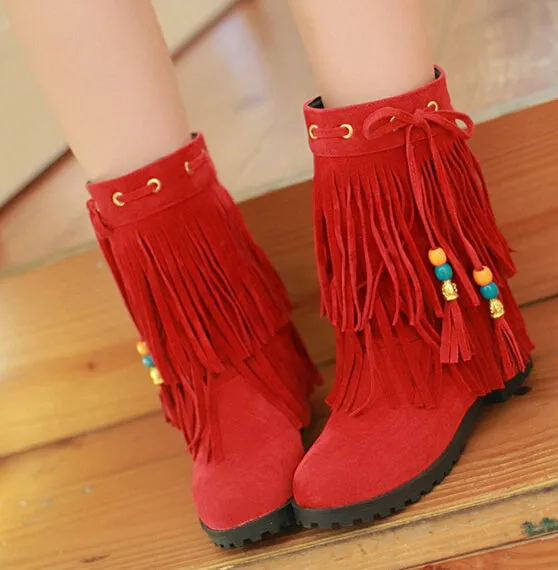 Low Heel Tassel Flock Pearl Pendant Women Autumn Winter Ankle Boots Lady Fringe Casual Suede Short Boots