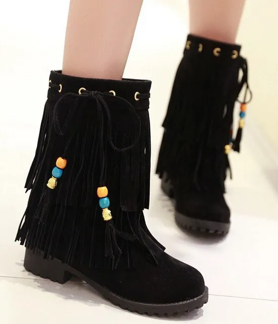 Low Heel Tassel Flock Pearl Pendant Women Autumn Winter Ankle Boots Lady Fringe Casual Suede Short Boots