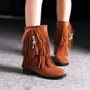 Low Heel Tassel Flock Pearl Pendant Women Autumn Winter Ankle Boots Lady Fringe Casual Suede Short Boots