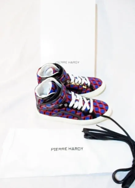 NEW PIERRE HARDY PRINT VELVET SHINY CALF Sneaker 36 6 RED BLACK BLUE Shoe TRAINER Sport Womens