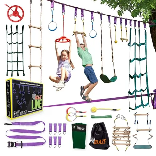 Ninja Warrior Obstacle Course for Kids - 2 x 55ft Slackline Double the Fun Exciting Obstacles Cargo Net Rope Ladder Monkey Bars Ninja Course for Kids