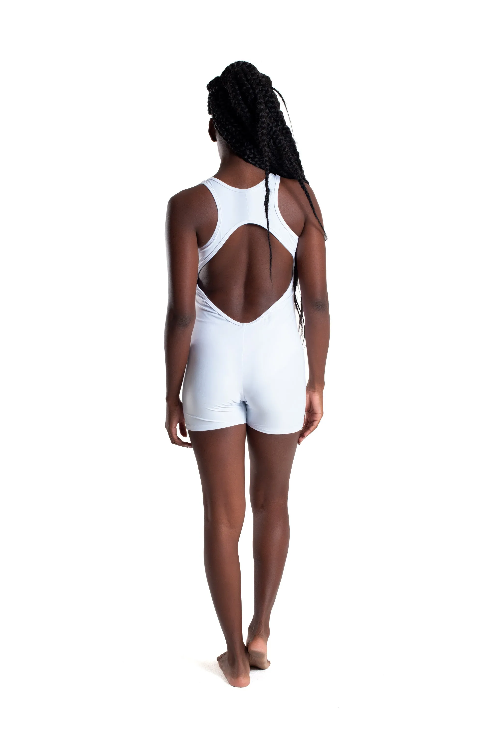 Open Back Short Unitard, White, Cool Form Light