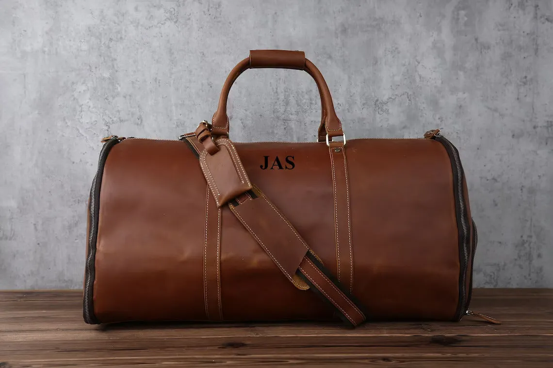 Personalized Carry On Garment Bag Full Grain Leather Convertible Garment Bag with Shoes Compartment