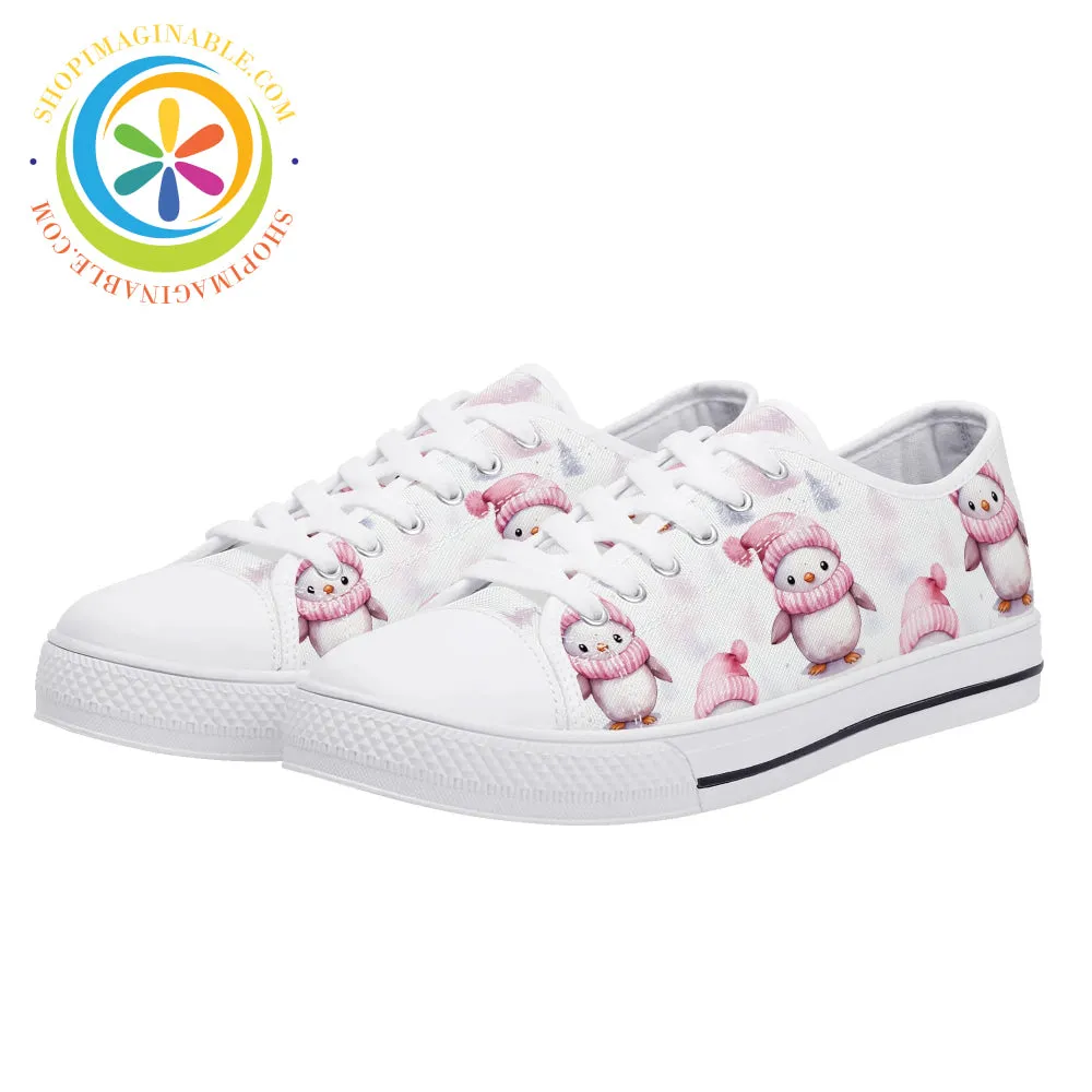 Pink Holiday Penguins Ladies Low Top Canvas Shoes