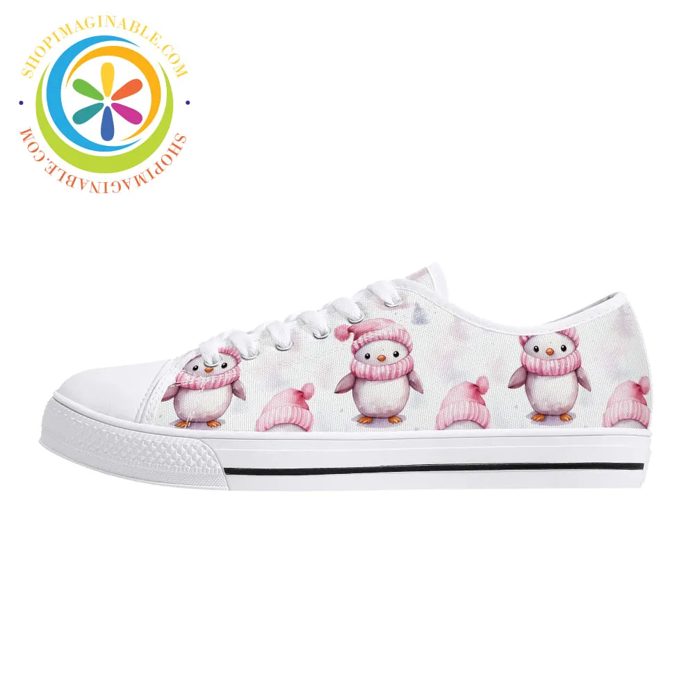 Pink Holiday Penguins Ladies Low Top Canvas Shoes