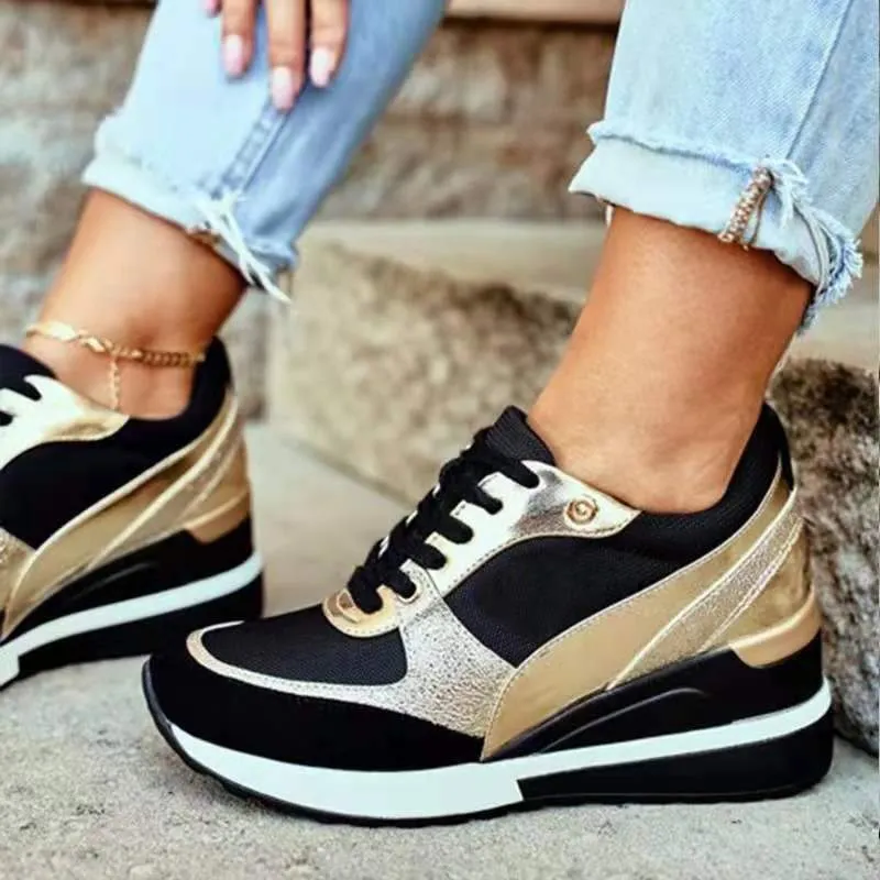 Women color block lace up casual wedge sneakers