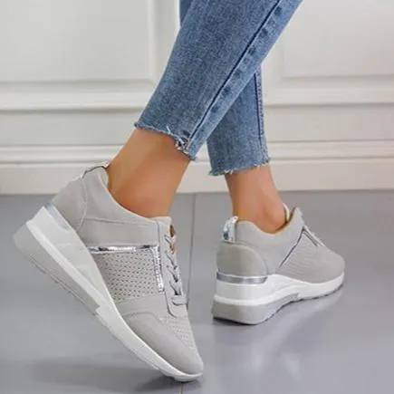 Women summer casual walking hollow breathable lace up wedge sneakers