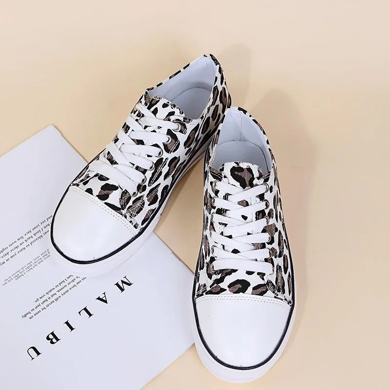 Women thick sole flat lace up casual leopard sneakers