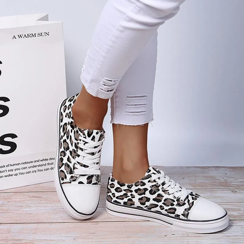 Women thick sole flat lace up casual leopard sneakers