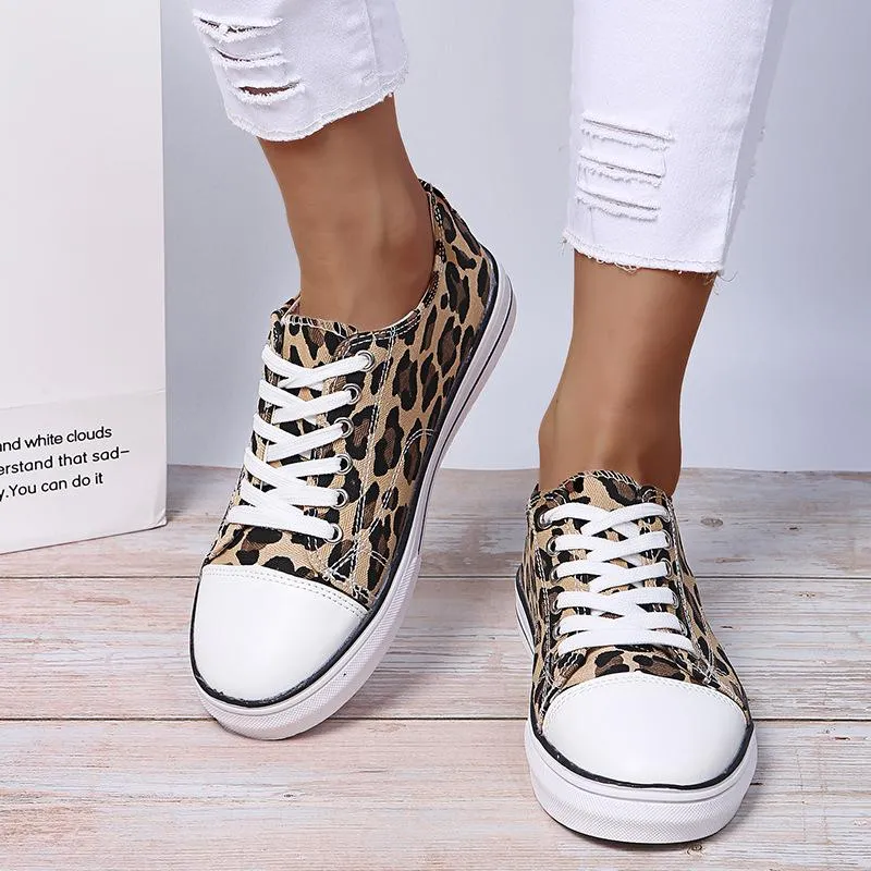 Women thick sole flat lace up casual leopard sneakers