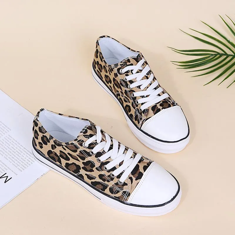 Women thick sole flat lace up casual leopard sneakers