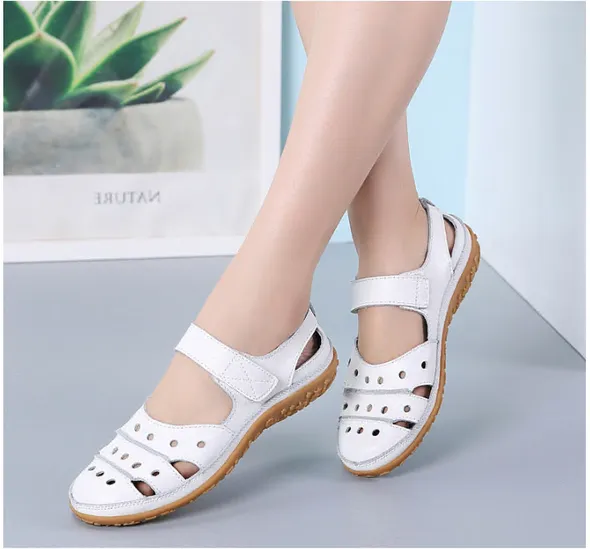 Women's Leather Hollow Hook Casual Flat Sandals